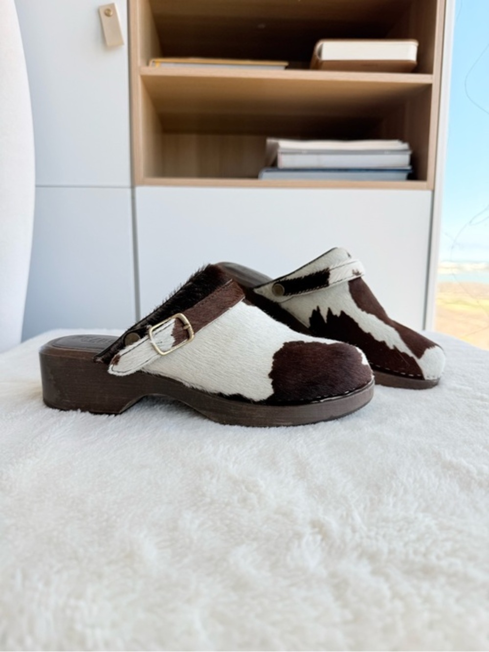 RE/DONE Pony Hair Leather Brown White Clogs Italy EU 37 US 7